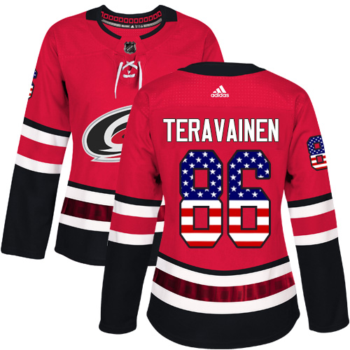 Adidas Hurricanes #86 Teuvo Teravainen Red Home Authentic USA Flag Women's Stitched NHL Jersey - Click Image to Close